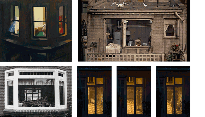 Edward Hopper, Night Window. Alfred Hitchcock, Rear Window. Dan Graham, Picture Window Piece. Christian Perret, Illa, solus ipse
