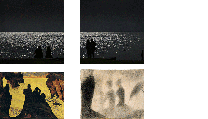 Christian Perret, Illis fugit II. Georges Lacombe, La Mer jaune à Camaret. Georges Seurat, Trois jeunes femmes (étude pour un Dimanche à la Grande Jatte)