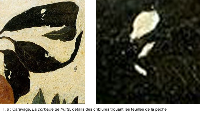 Trouées des feuilles de pêcher dans La corbeille de fruis du Caravage